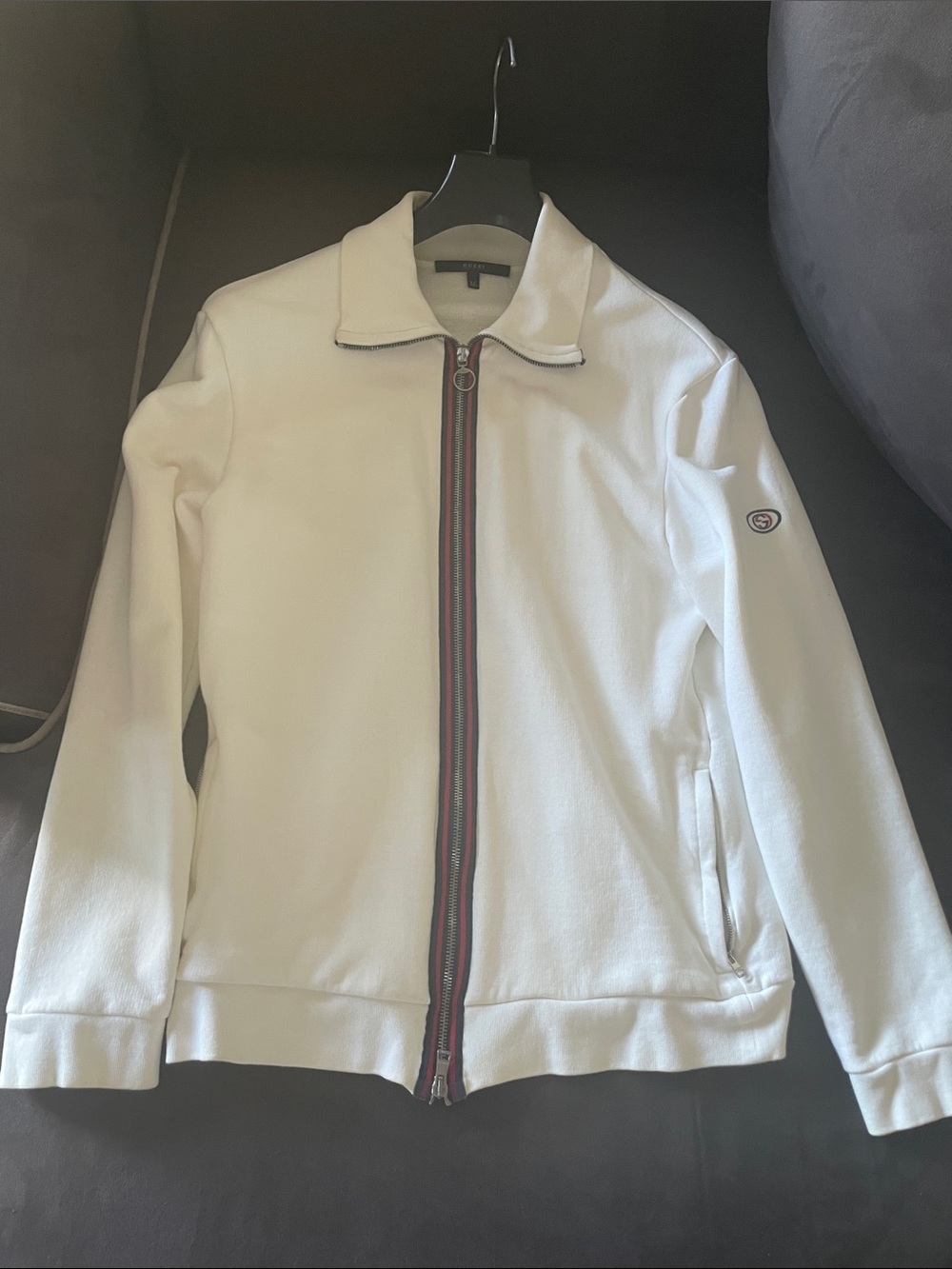 Gucci White Zip-Up Sweater Jacket with Signature Stripe Trim